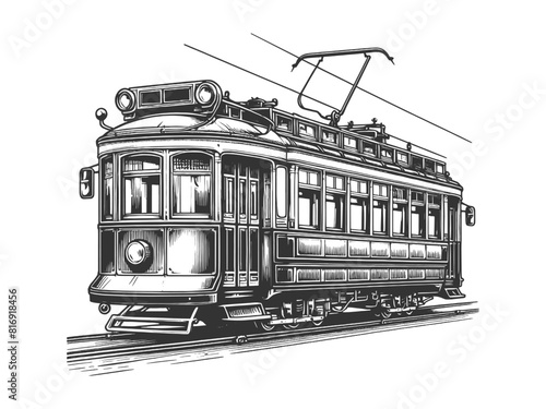 classic tram moving along an urban street with buildings and trees in the background sketch engraving generative ai vector illustration. Scratch board imitation. Black and white image.
