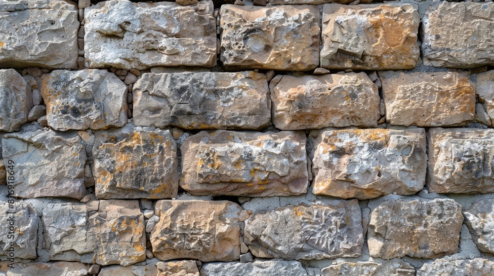 Ancient stone wall of an 18th century castle or fortress with weathered and cracked bricks in close up view