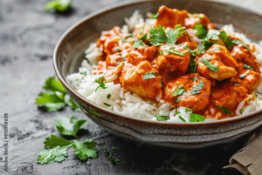 Tikka masala curry chicken served over rice in bowl on table. Traditional Indian food Tikka masala curry chicken served over rice in bowl on table. Traditional Indian food