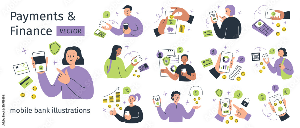 Fototapeta premium Payment scenes set, online bank account compositions, collection of people using mobile banking, finance vector illustrations, cashback service, cashless payment, smartphone app with money