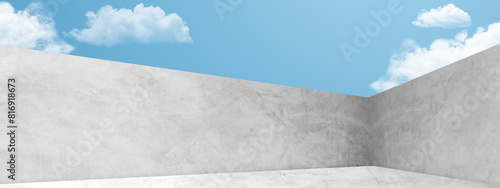 Building Cement Wall and floor against blue Sky white clouds Backgrounds 