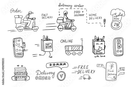 Large set of food delivery, delivery order and deliveryman. Healthy food and fast food. Doodle style. Hand drawn. Great for menu design, banners, sites, packaging. Vector illustration EPS10