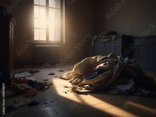 inside an old empty room, a pile of old clothes lies abandoned on the floor © SOHAN-Creation