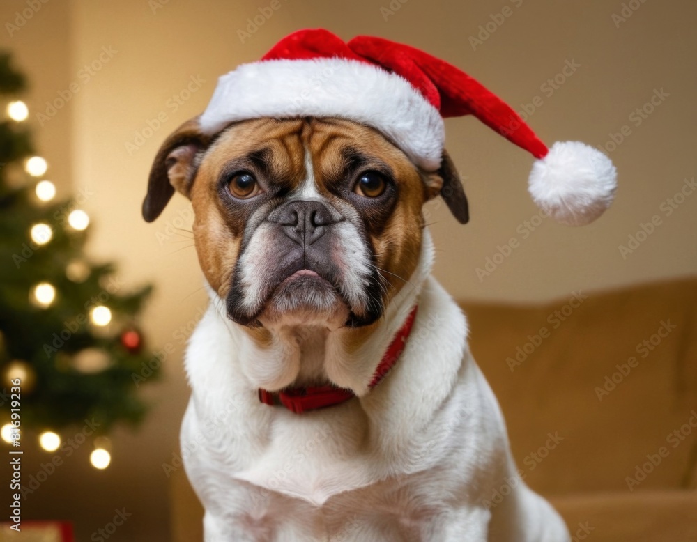 A dog wearing a Santa hat and collar is sitting in front of a Christmas tree A dog wearing a Santa hat and collar is sitting in front of a Christmas tree