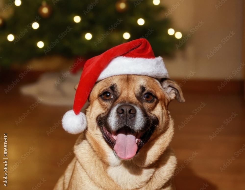 A dog wearing a Santa hat is smiling and looking at the camera A dog wearing a Santa hat is smiling and looking at the camera