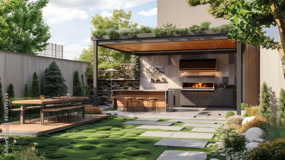 Modern outdoor kitchen with a covered grilling area, bar seating, and an adjacent dining area. The garden features stepping stones, lush greenery, and decorative plants.