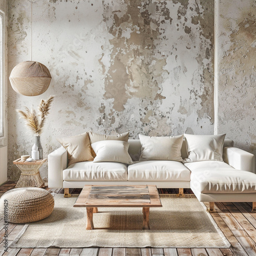 Rustic living room with blank wall