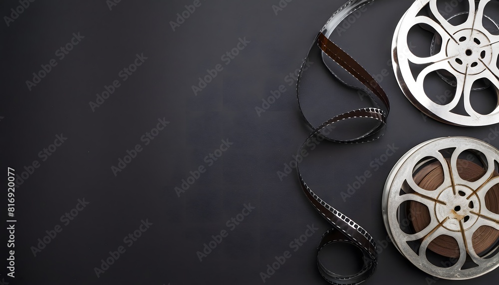 Background image with cinema film and film reel Background image with cinema film and film reel
