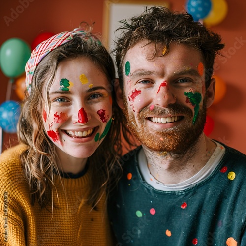 Capture the joy of friendship with this vibrant portrait of two young adults adorned with red, yellow, and green paint