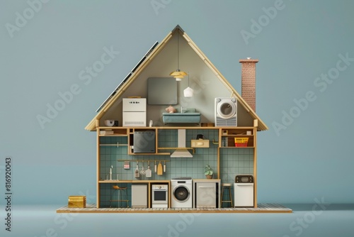 Visual representation of a house section featuring solarpowered appliances, emphasizing ecofriendly living photo