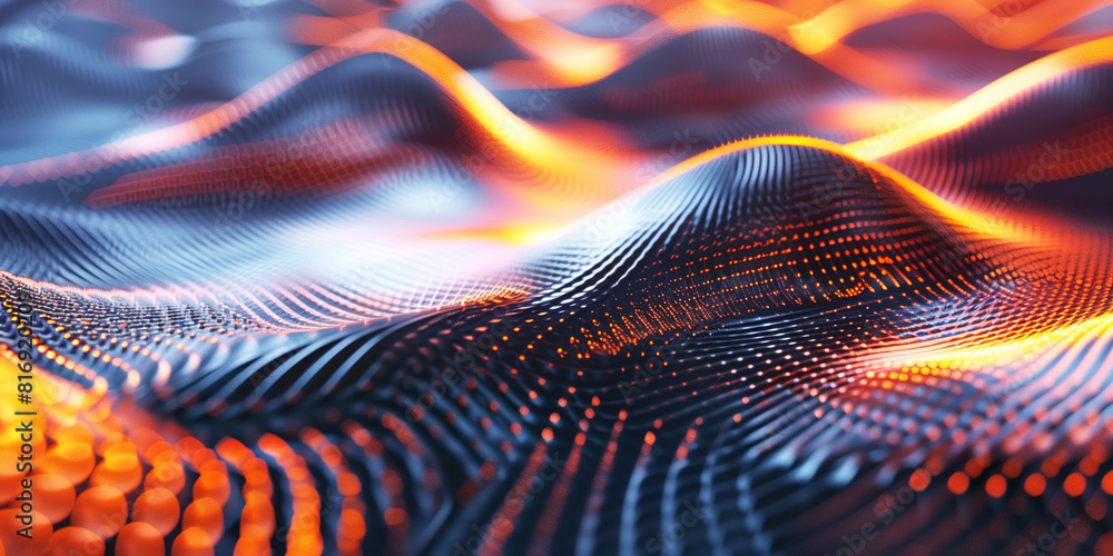 A dynamic abstract representation of a wavy surface with glowing orange and blue grid-like patterns. The image features flowing lines and particles creating a sense of motion and depth. A dynamic abstract representation of a wavy surface with glowing orange and blue grid-like patterns. The image features flowing lines and particles creating a sense of motion and depth.