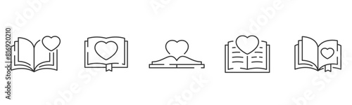 Open book with heart shape line icon set