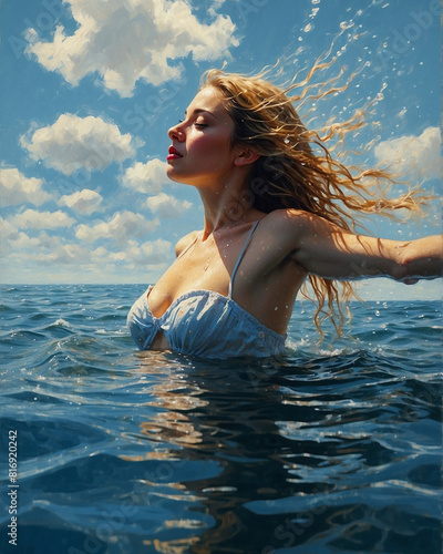 Serene Woman Floating in Ocean with Dramatic Sky