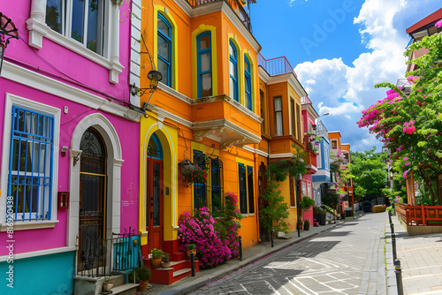 Beautiful colorful houses in Istanbul. Historical houses of Turkey belonging to the Ottoman period. View of colorful houses from the streets of Istanbul. summer landscape in the city. Balat, istanbu © Areesha