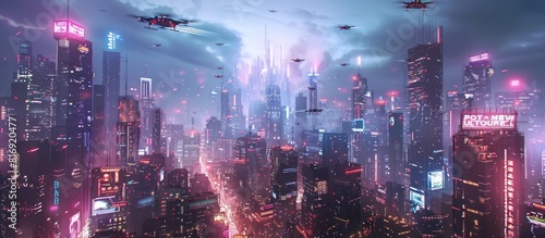 Futuristic Neon Lit Mega City Skyline with Drone Deliveries at Dusk