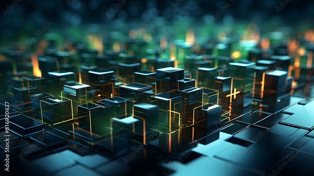 Obraz premium Digital technology blue and green cube engineering poster background