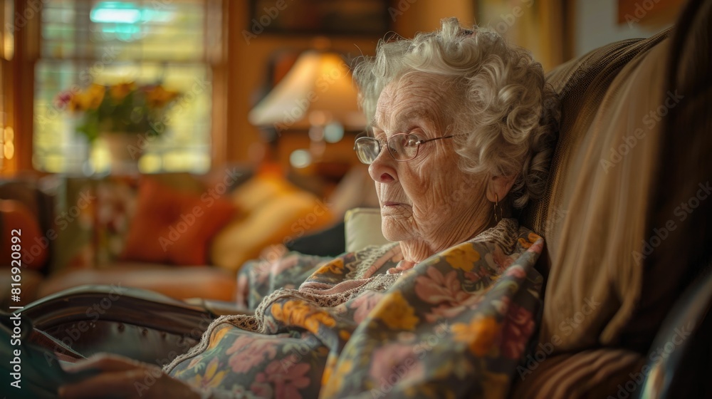 Elderly Woman Enjoying Comfortable Care in Cozy Home Setting Elderly Woman Enjoying Comfortable Care in Cozy Home Setting