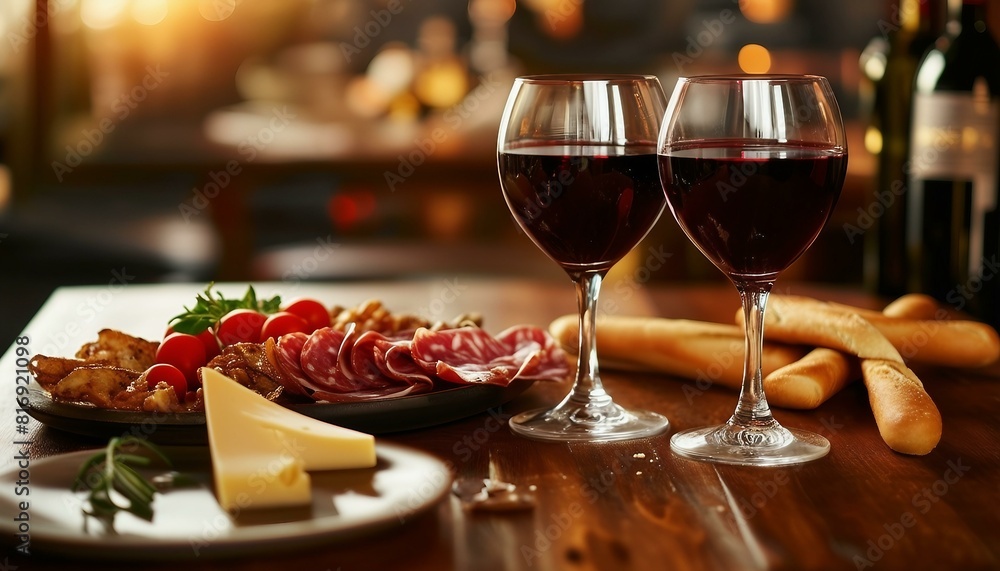 The picture shows a wooden dining table with two glasses of red wine and a plate of meat and cheese. Breadsticks are nearby, with a bowl in the background.