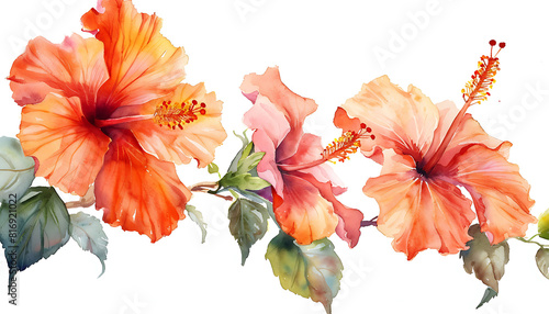 Watercolor Painting of Pink and Blue Hibiscus Flowers with Detailed Petals and Stamen