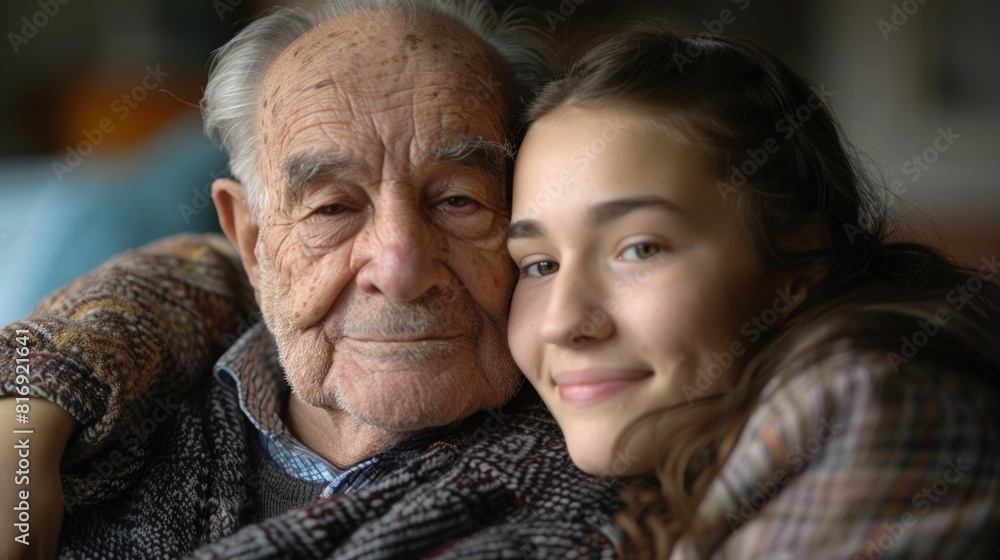 Shared moment of comfort and support between an older grandparent and a younger family member during a respite care service Shared moment of comfort and support between an older grandparent and a younger family member during a respite care service