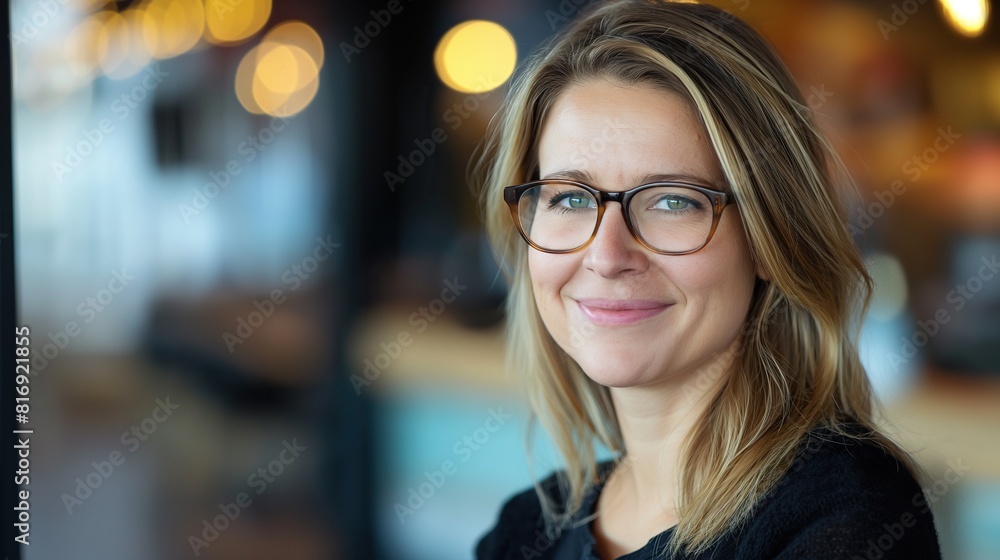 Female entrepreneur wearing glasses looking at camera with smile. Portrait of confident businesswoman in office. Portrait of happy and successful businesswoman. Female entrepreneur wearing glasses looking at camera with smile. Portrait of confident businesswoman in office. Portrait of happy and successful businesswoman.