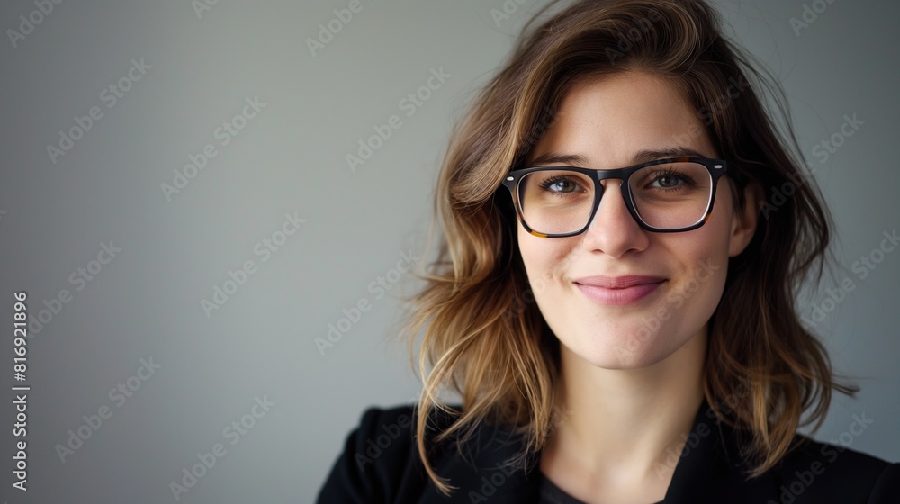 Female entrepreneur wearing glasses looking at camera with smile. Portrait of confident businesswoman in office. Portrait of happy and successful businesswoman. Female entrepreneur wearing glasses looking at camera with smile. Portrait of confident businesswoman in office. Portrait of happy and successful businesswoman.