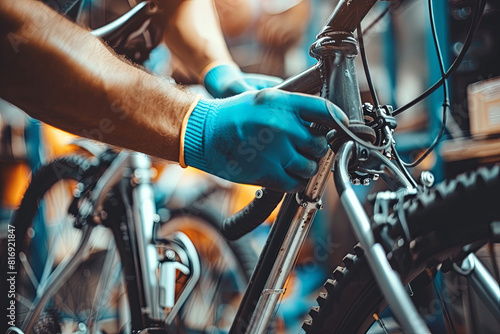 Dedicated bicycle mechanic repairing bikes in a well-equipped workshop, showcasing expertise photo