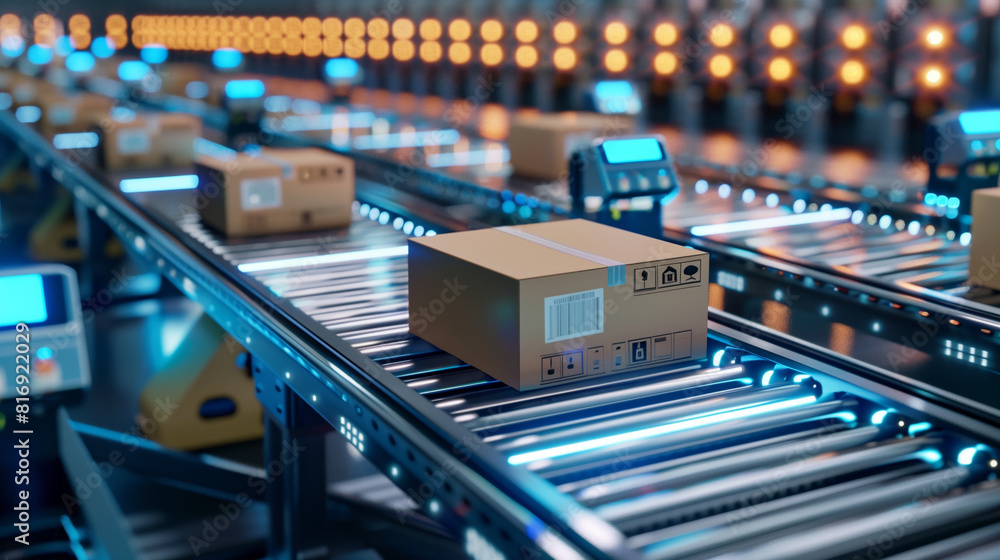 Conveyor belt system in a high-tech warehouse, transporting packages with barcodes and labels. Automated sorting process with illuminated blue lights and blurred background. Conveyor belt system in a high-tech warehouse, transporting packages with barcodes and labels. Automated sorting process with illuminated blue lights and blurred background.