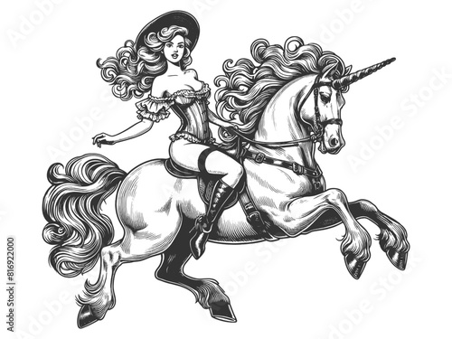 lady in lavish attire riding a galloping unicorn romantic style sketch engraving generative ai fictional character vector illustration. Scratch board imitation. Black and white image.