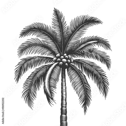 palm tree, showcasing intricate leaf patterns and textures sketch engraving generative ai fictional character vector illustration. Scratch board imitation. Black and white image.