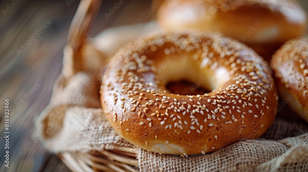 Fresh bagel in basket on wooden table Focus on baked goods with golden crusts amidst warm light and shadow. There's a blurred background and detailed texture of burlap under a wicker basket. Fresh bagel in basket on wooden table Focus on baked goods with golden crusts amidst warm light and shadow. There's a blurred background and detailed texture of burlap under a wicker basket.