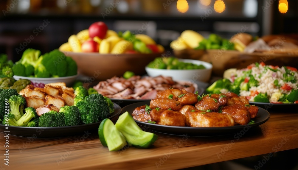 A wooden dinner table displays four plates of assorted vegetables and meat, accompanied by bowls of bananas and apples. Broccoli, in different sizes, enhances the nutritious spread. A wooden dinner table displays four plates of assorted vegetables and meat, accompanied by bowls of bananas and apples. Broccoli, in different sizes, enhances the nutritious spread.