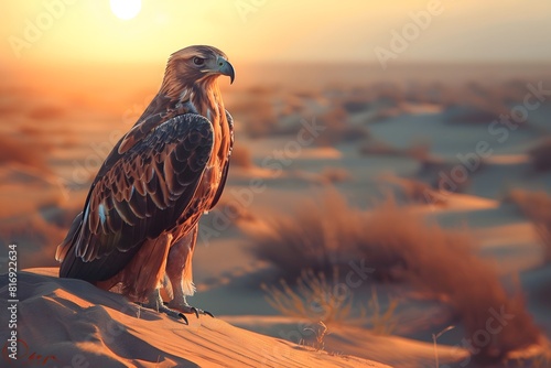 a cute eagle in the desert with sunset