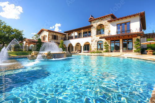 Beautiful home exterior and large swimming pool on sunny day with blue sky. Features series of water jets forming arche