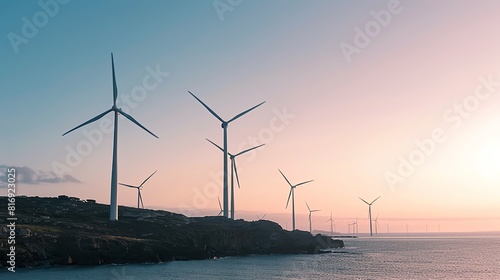 A beautiful landscape of wind turbines on a coastline at sunset