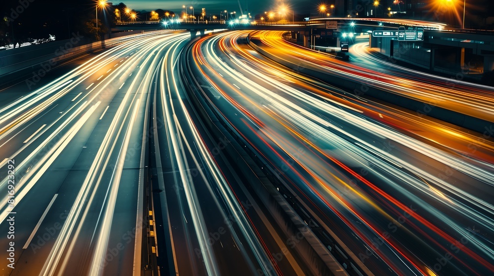 High-Speed Traffic Lights Captured in Long Exposure on a Busy Highway at Night, Creating a Dynamic and Vibrant Scene High-Speed Traffic Lights Captured in Long Exposure on a Busy Highway at Night, Creating a Dynamic and Vibrant Scene