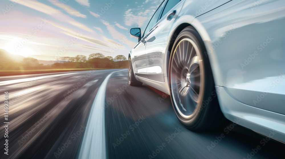 Dynamic shot of a silver car speeding on a highway with motion blur, emphasizing speed and movement, set against the backdrop of a sunset and clear sky.