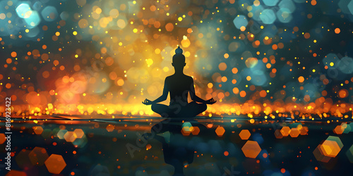 Silhouette of a Woman Meditating in the Lotus Position Amidst Sparkling Stars in a Tranquil Forest Background with Copy Space