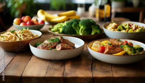 A wooden dinner table displays four plates of assorted vegetables and meat, accompanied by bowls of bananas and apples. Broccoli, in different sizes, enhances the nutritious spread.