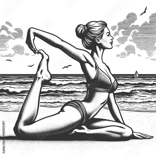woman in a yoga pose on beach, with a serene ocean and sky in the background sketch engraving generative ai fictional character vector illustration. Scratch board imitation. Black and white image.
