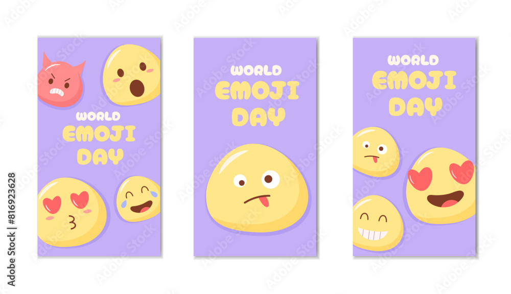 World emoji day instagram story set. Purple template with funny smiles