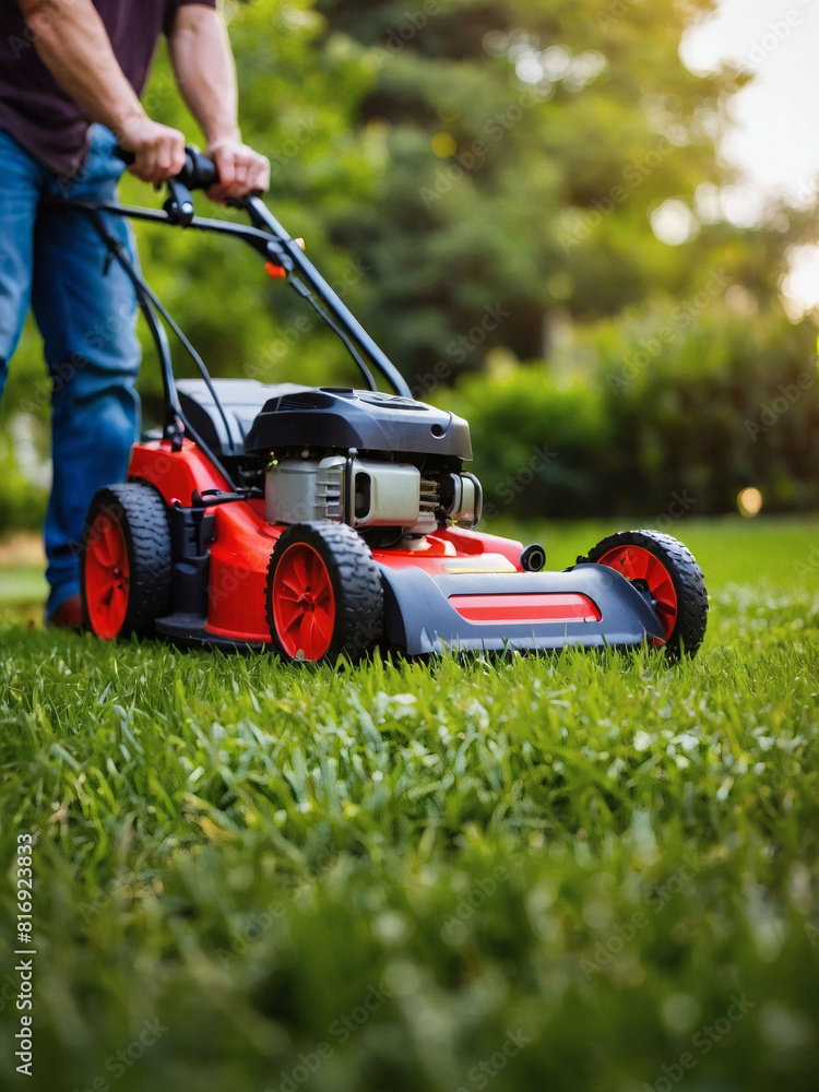 Man Mowing Lawn at Home, Grass Cutting with Lawn Mower - Banner Man Mowing Lawn at Home, Grass Cutting with Lawn Mower - Banner