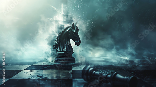 A dramatic image featuring a black knight chess piece standing prominently on a dark, misty chessboard with a toppled piece in the foreground and ethereal light effects. photo