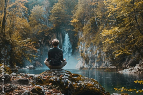 A Man Meditating In Front Of A Waterfall In The Forest