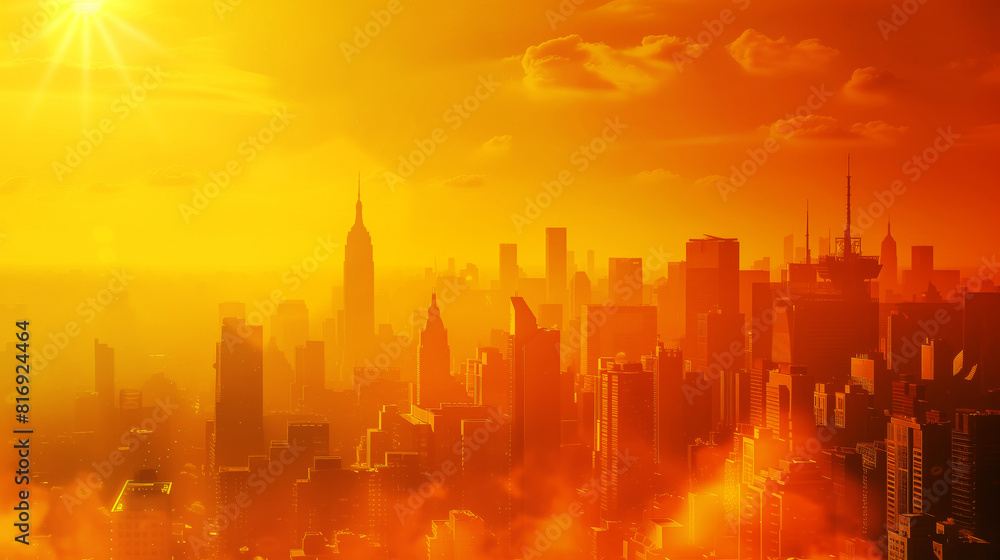 A cityscape viewed during golden hour with tall skyscrapers silhouetted against a bright and hazy, orange-tinted sky, featuring a radiant sun and scattered clouds.