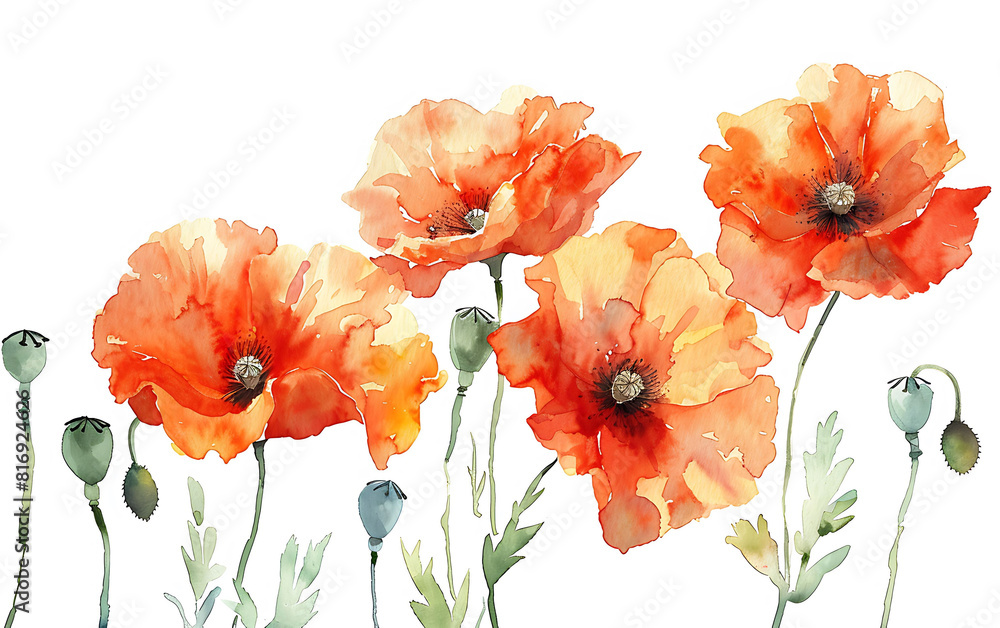 Obraz premium Watercolor Painting of Red and Orange Poppies with Green Stems and Buds