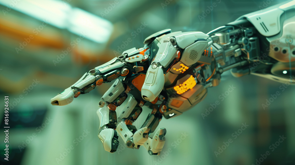 Close-up of a detailed robotic hand with intricate mechanical components and illuminated elements, showcasing advanced technology in a futuristic setting. Close-up of a detailed robotic hand with intricate mechanical components and illuminated elements, showcasing advanced technology in a futuristic setting.