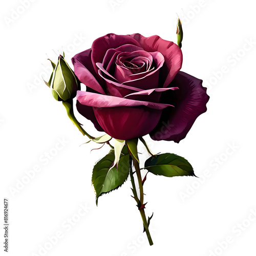 Fresh BURGUNDY color rose flower in watercolor painting style isolated on transparent background
