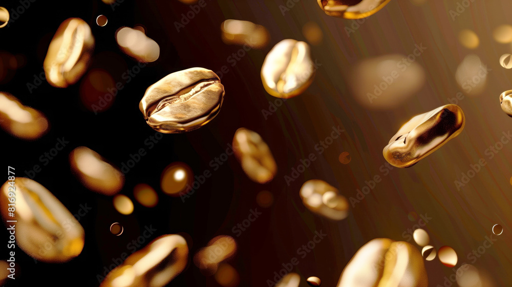 Close-up of floating, shiny coffee beans with a dark, blurred background, highlighting their smooth texture and golden brown color in warm lighting. Close-up of floating, shiny coffee beans with a dark, blurred background, highlighting their smooth texture and golden brown color in warm lighting.