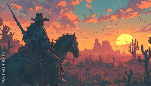 sunset desert background western world art style  cowboys on horses in the distance  dark fantasy western